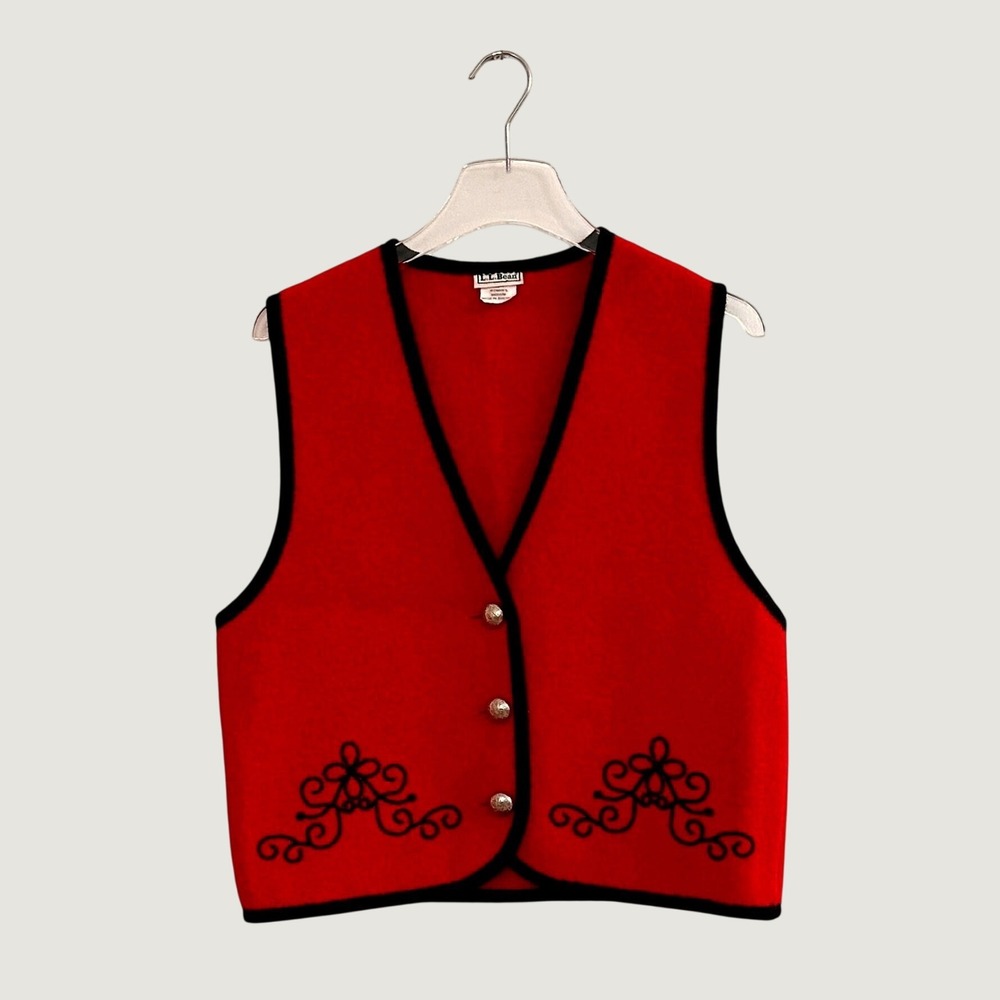 LL Bean Vintage Red Boiled Wool Vest Made in Austria M Black Embroidered Fall
